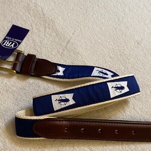 NWT YRI canvas navy white ribbon leather belt with ACK burgee brass buckle Sz 32
